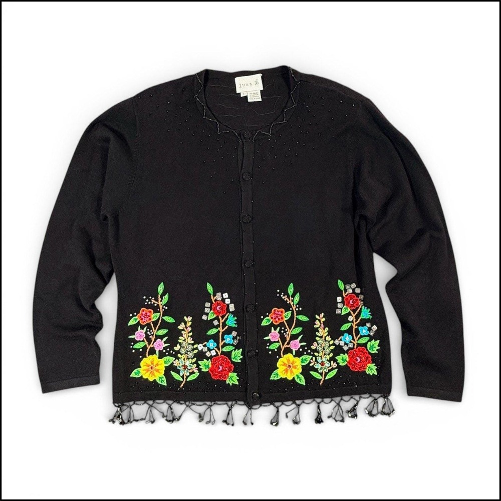 Just B Embroidered Beaded Black Cardigan Sweater L‎ Floral Fringe Art Maximalist